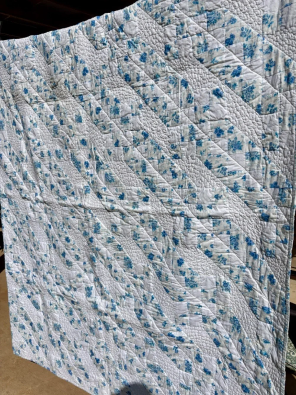 Handmade Jacob's Ladder Quilt Blue White Floral Throw Lap Quilt 58x69 Cotton